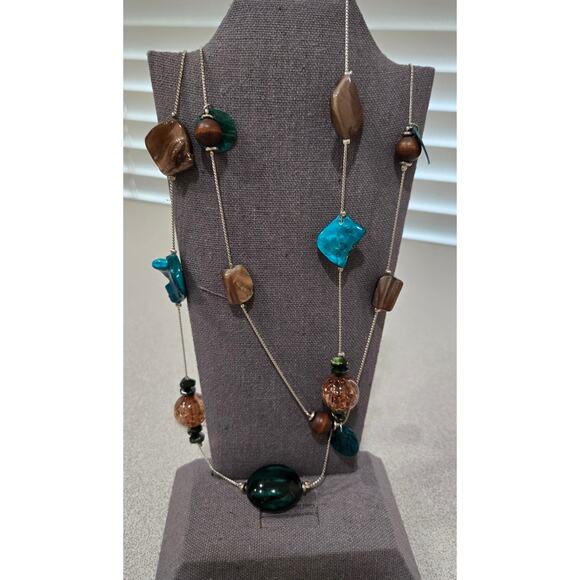 Silver Blue Green Stone Beads Double Strand Necklace Lobster Clasp - Picture 1 of 4